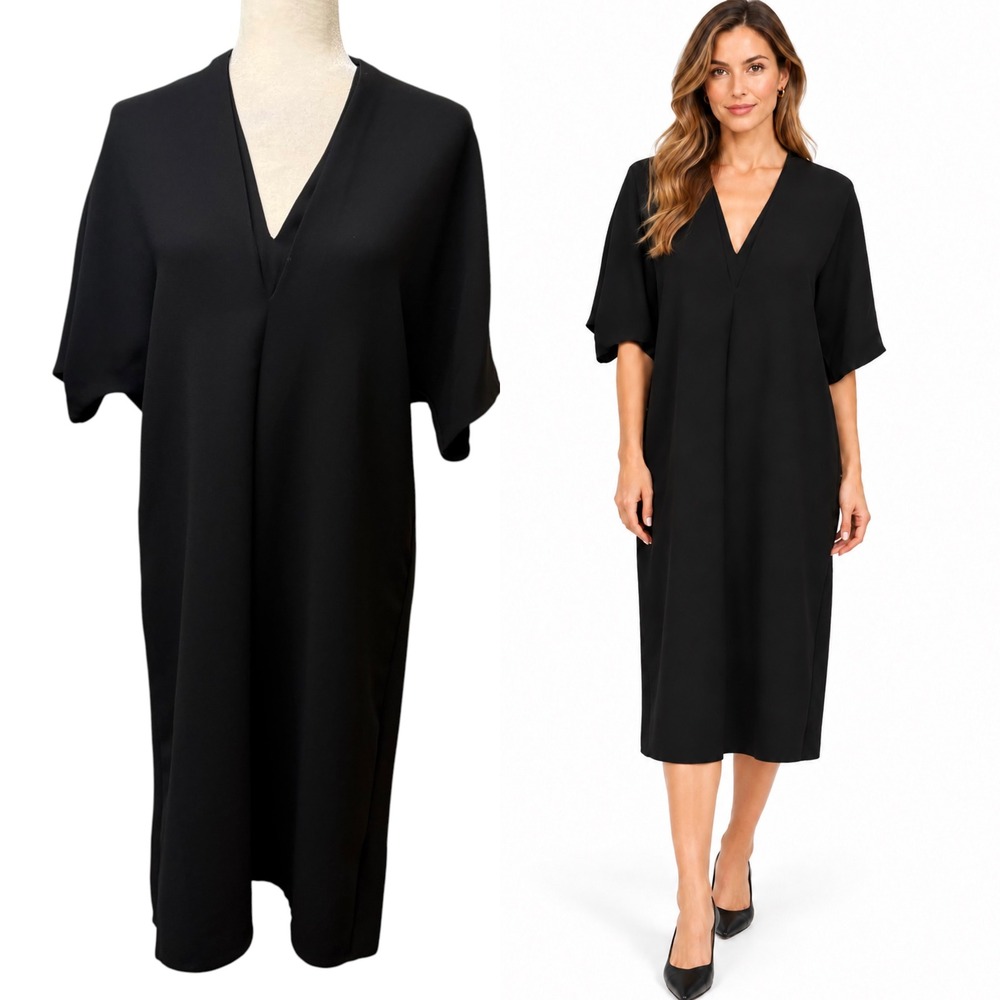 Vince Dress Womens M Black V-Neck Shift Oversized Office Lagenlook Preppy Luxury
